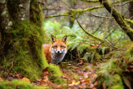 A fox in a mixed forest created with generative AI technologyの素材