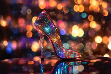 A high heel made of glass bokeh lights background created with generative AI technologyの素材