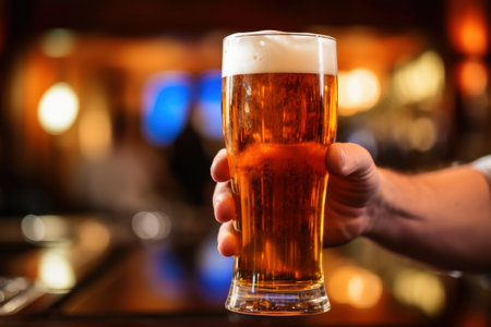 A big glass of beer in a pub created with generative AI technologyの素材