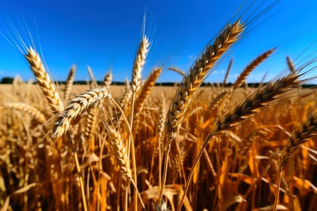 A field of ripe wheat against the blue sky created with generative AI technologyの素材