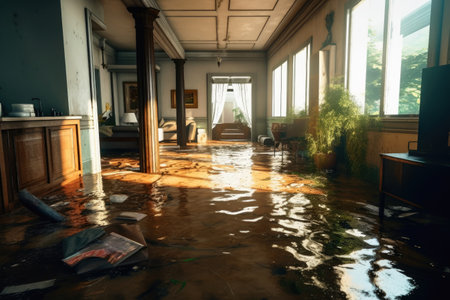 Inside view of a flooded dirty flat created with generative AI technologyの素材