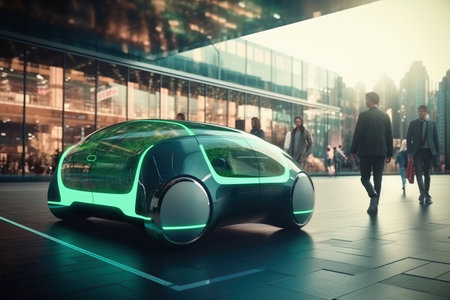 Futuristic electric car in a green city created with generative AI technologyの素材