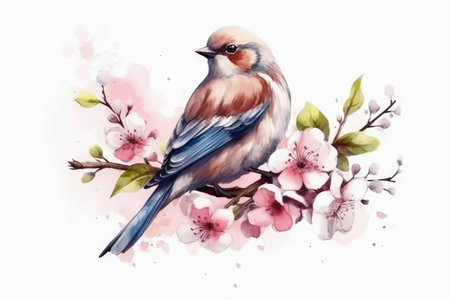 Watercolor linnet on a white background created with generative AI technologyの素材