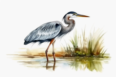 Watercolor painted grey heron on a white backgroundの素材