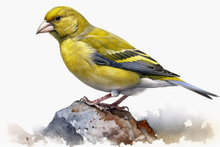 Watercolor painted greenfinch on a white backgroundの素材