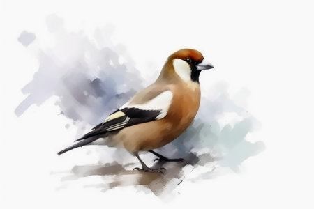 Watercolor painted hawfinch on a white backgroundの素材