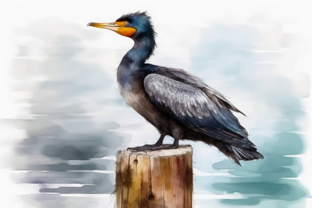 Watercolor painted cormorant on a white backgroundの素材