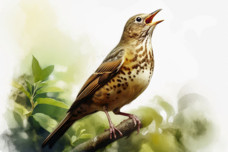 Watercolor painted song thrush bird on a white backgroundの素材