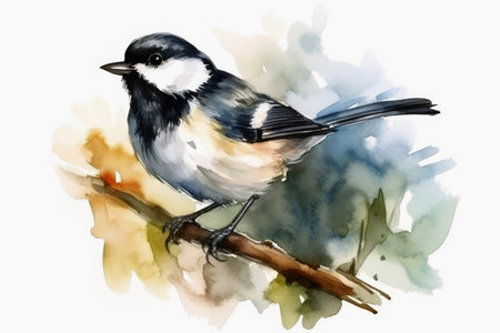 Watercolor painted coal tit bird on a white backgroundの素材