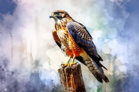 Watercolor painted merlin hawk on a white backgroundの素材