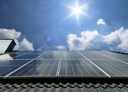 Solar panels producing clean energy on a roof of a residential house