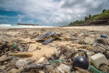 A lot of washed-up plastic waste on a tropical dream beach a large turtle inbetween the plastic waste created with generative AI technologyの素材
