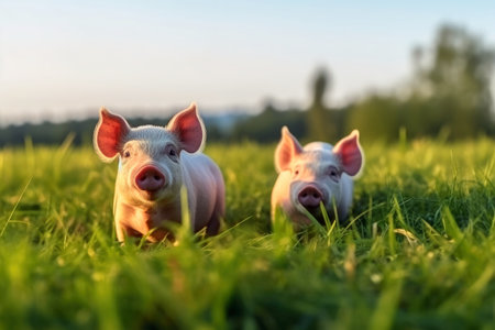 Pigs on a green meadow on a farm created with generative AI technologyの素材
