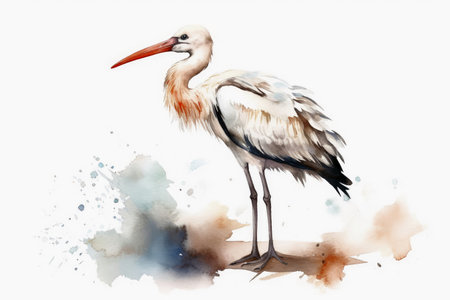 Watercolor painted white stork on a white backgroundの素材