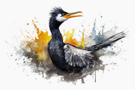 Watercolor painted cormorant on a white backgroundの素材