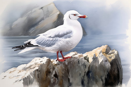 Watercolor painted silver gull on a white backgroundの素材