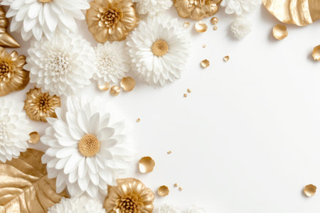 Golden flowers border on a white background created with generative AI technologyの素材