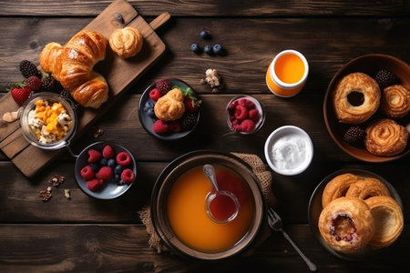 Top view of a tasty breakfast with copy space created with generative AI technologyの素材