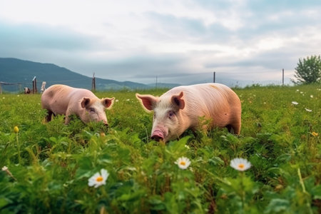 Pigs on a green meadow on a farm created with generative AI technologyの素材