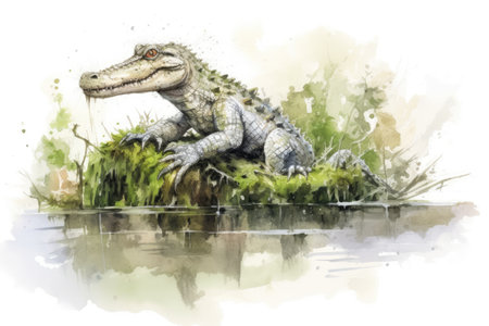 Watercolor painting of a cute crocodile on a white backgroundの素材