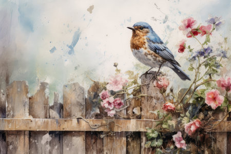 Beautiful watercolor singing bird in a garden on a white backgroundの素材