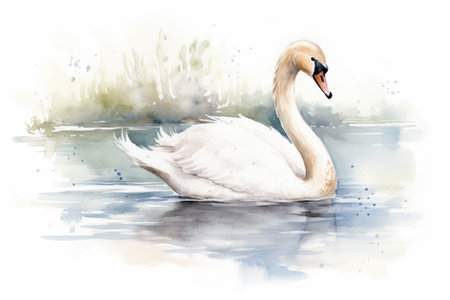 Watercolor painting of a swan on a white backgroundの素材
