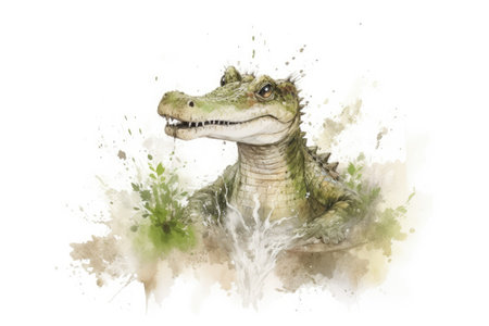 Watercolor painting of a cute crocodile on a white backgroundの素材