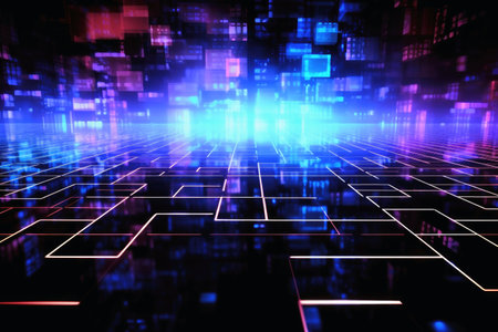 A background of modern technology with conductors and processors in colourful lightの素材