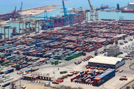 Barcelona Spain 22 July 2023: Aerial View of the industrial port of Barcelona on a sunny day