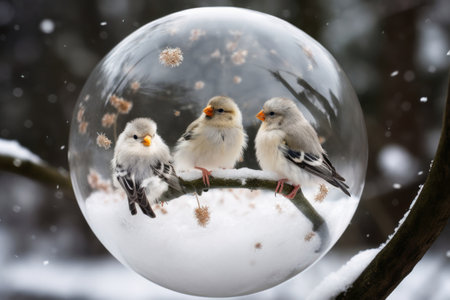 Snowball with birds inside created with generative AI technologyの素材