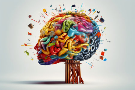 Concept of a human brain with creativity in action created with generative AI technologyの素材