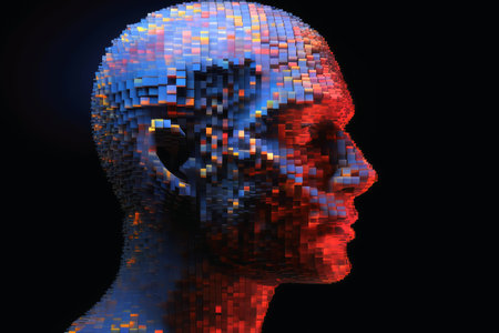 Concept of a 3D human head made of pixels created with generative AI technologyの素材