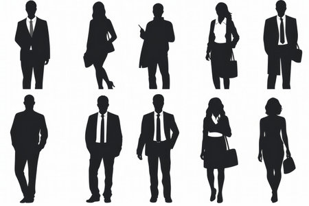 A collection of separated black human silhouettes on a white backgroundの素材