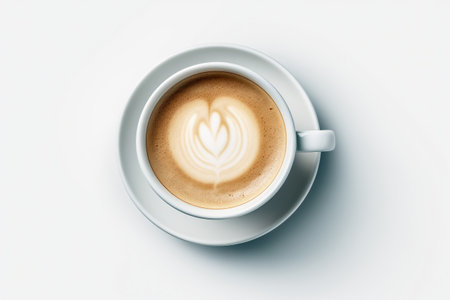 Top view of a cup of coffee isolated on white backgroundの素材