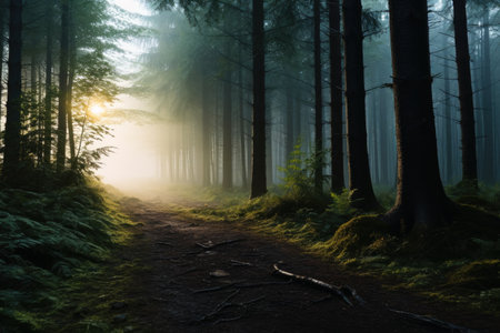 A sunrise in a misty forestの素材