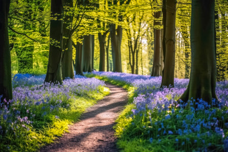 Lonely Footpath through some blue bell flowers in a forest landscapeの素材