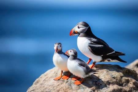 Puffin birds with babies at a coastの素材