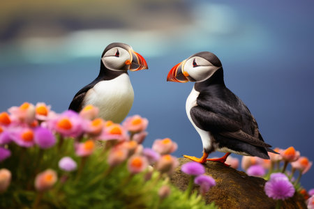 A beautiful puffin bird in a close up viewの素材