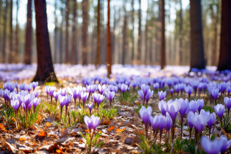 A deciduous forest in spring with a sea of crocus flowers on the groundの素材