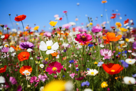 A meadow with lots of colorful flowers on itの素材