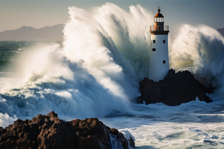 Big ocean waves crashing into the rocks at a lighthouseの素材