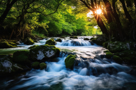 Long exposure of small river with waterfall in idyllic forestの素材