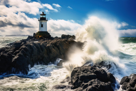 Big ocean waves crashing into the rocks at a lighthouseの素材