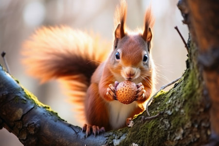 Close up of squirrel on branch looking for a nutの素材