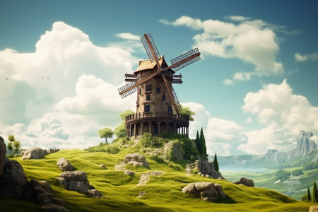A historical windmill in a beautiful landscape with meadows and hillsの素材