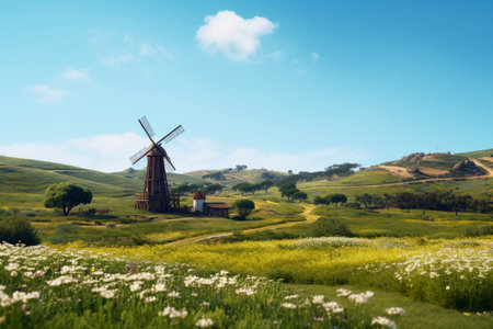 A historical windmill in a beautiful landscape with meadows and hillsの素材