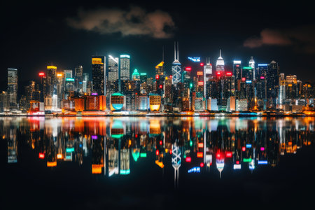 A skyline of a big city in the night with water reflectionsの素材