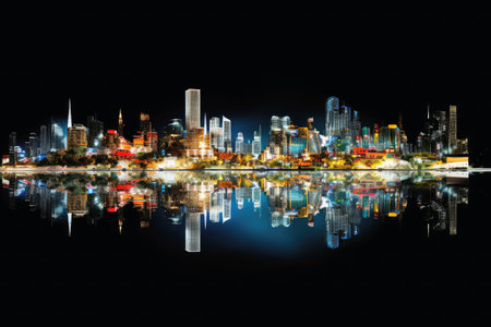 A skyline of a big city in the night with water reflectionsの素材
