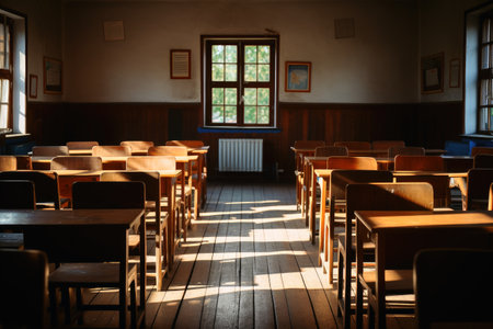 An empty schoolclass with a cleared boardの素材