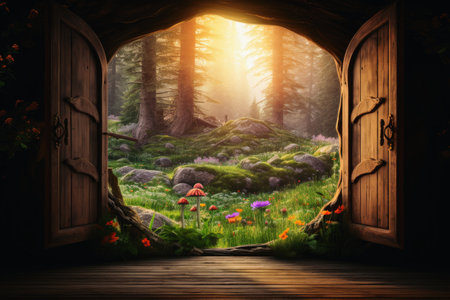 An open door on a green meadow showing another worldの素材